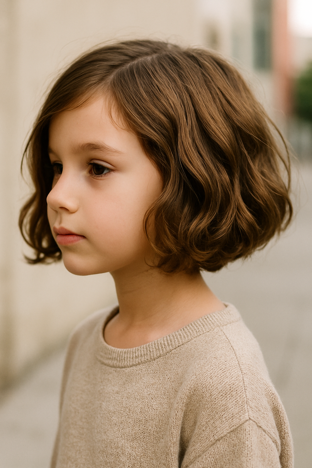 A young child with an asymmetrical bob hairstyle featuring soft waves, showcasing a playful and stylish look.