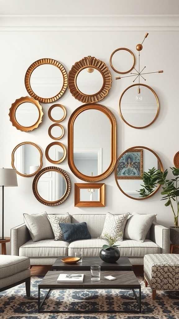 A wall decorated with various asymmetrical mirrors in different shapes and sizes, framed in warm tones, above a cozy sofa.
