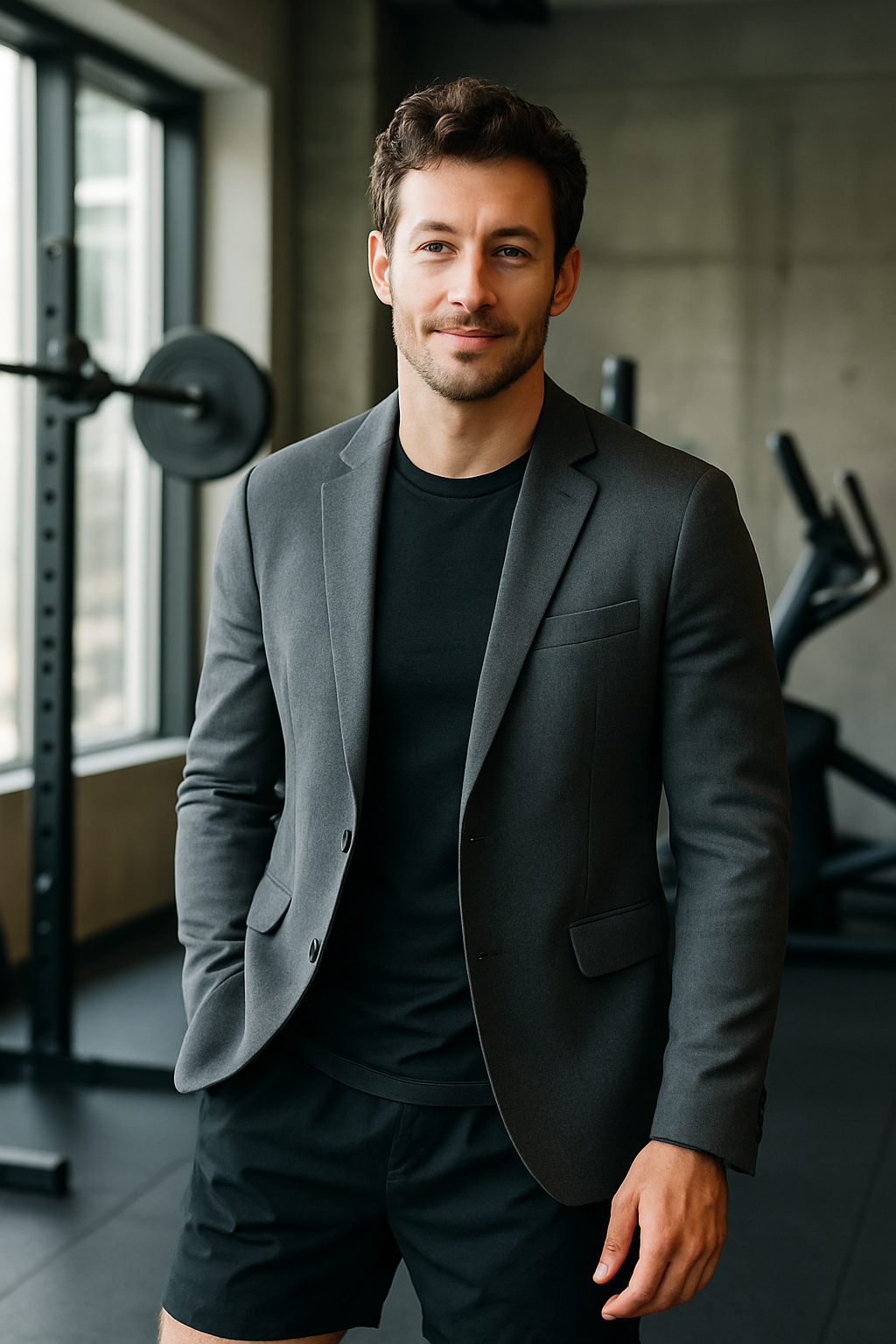 Man wearing an athleisure-inspired gray blazer over a black t-shirt and shorts in a gym setting.