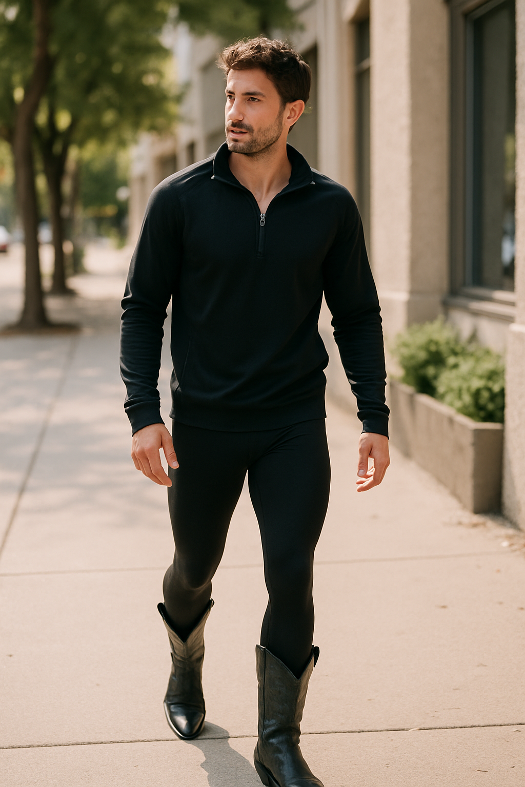 A man walking in a black zip-up top, black leggings, and black cowboy boots.
