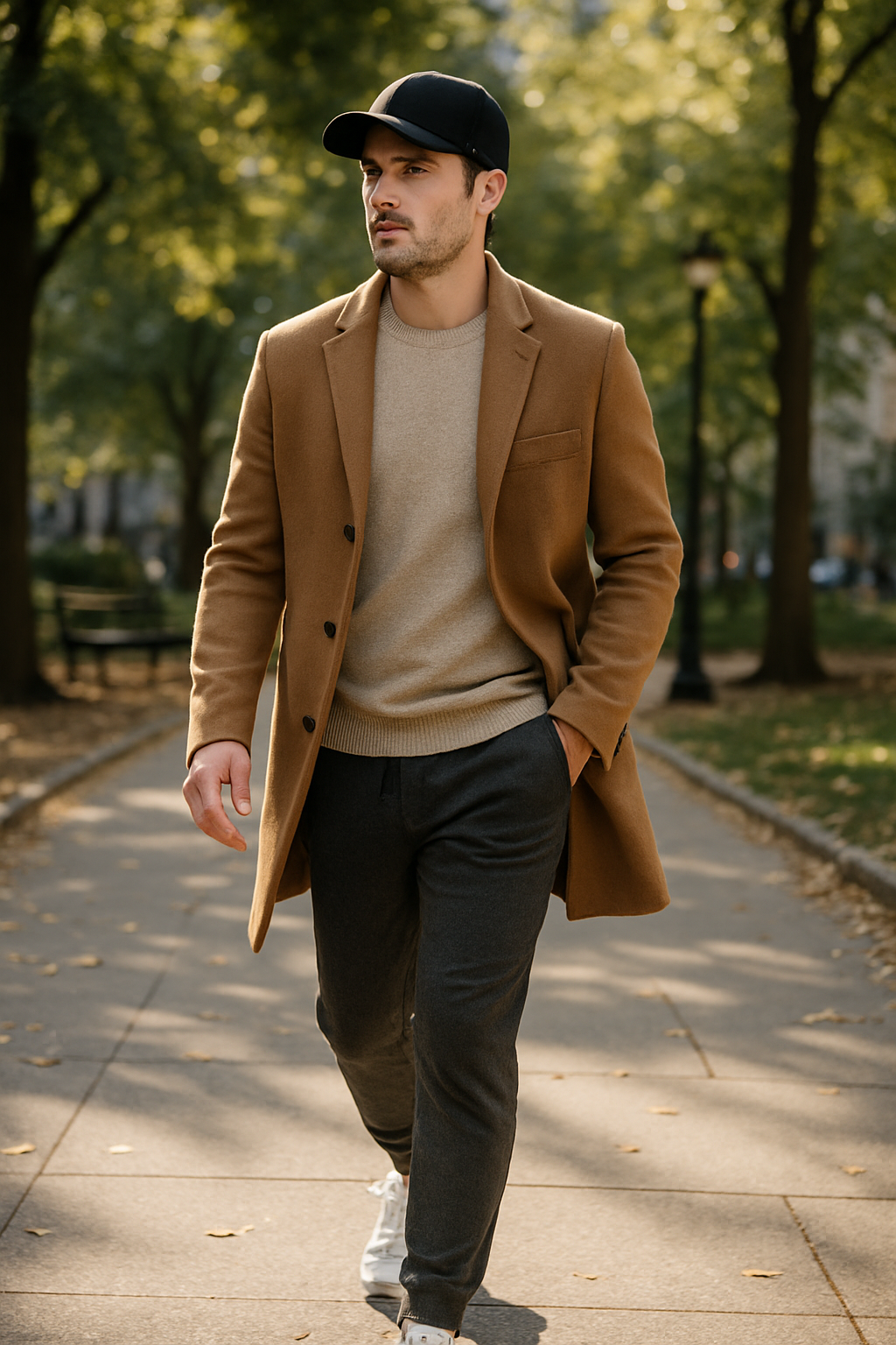 A man walking in a park wearing a brown coat, beige sweater, dark pants, and white sneakers.