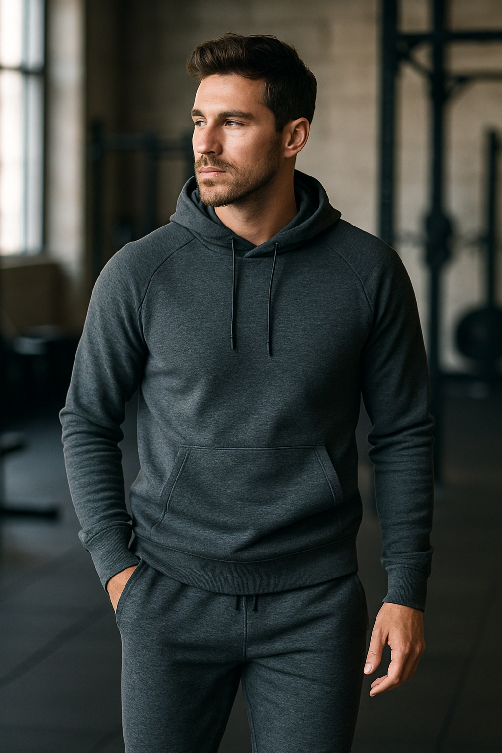 A man in a dark gray tracksuit with a hoodie, looking stylish and relaxed.