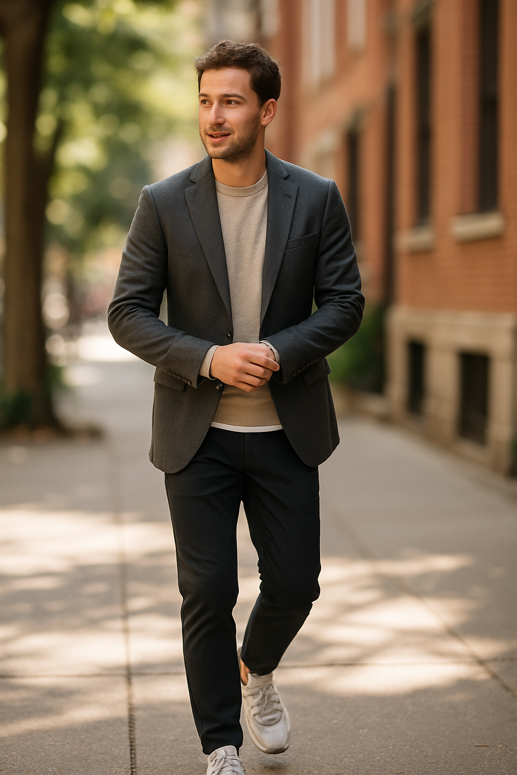 A man in a blazer and sneakers walking down a city street.