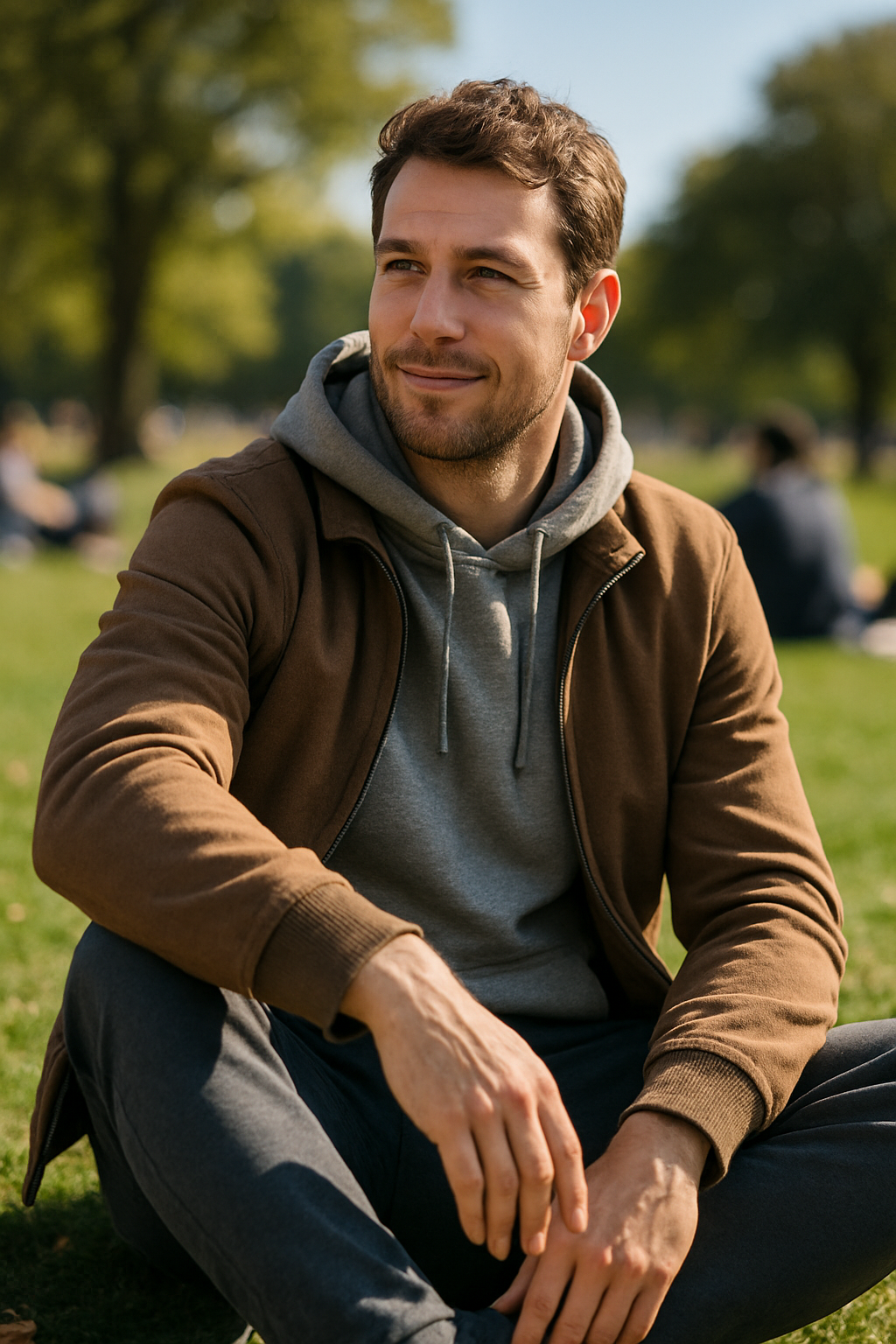 A man sitting in a park wearing a hoodie and a jacket, showcasing a casual jogger outfit.