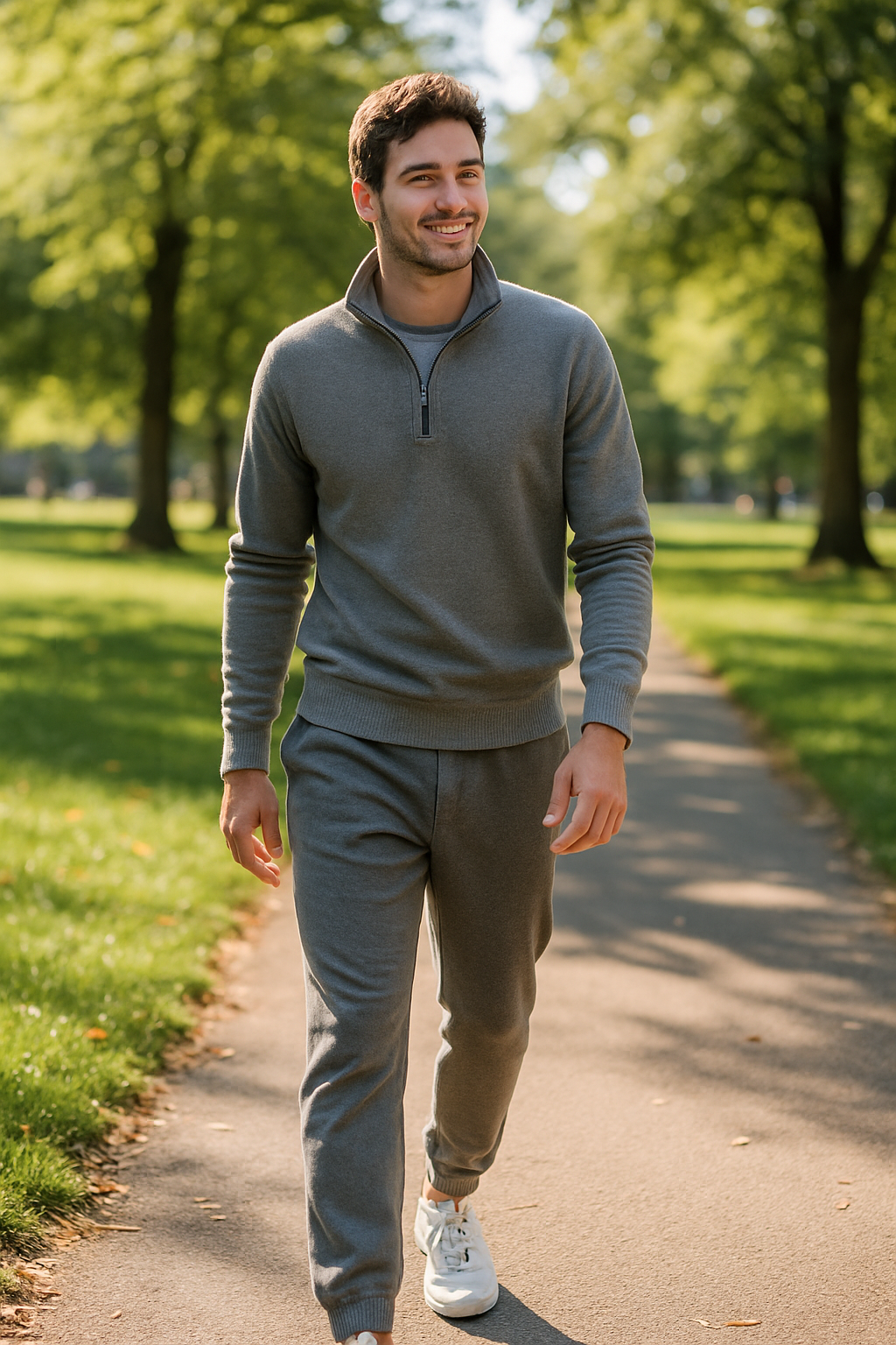 A man wearing a gray quarter zip sweater and matching joggers, walking in a park.