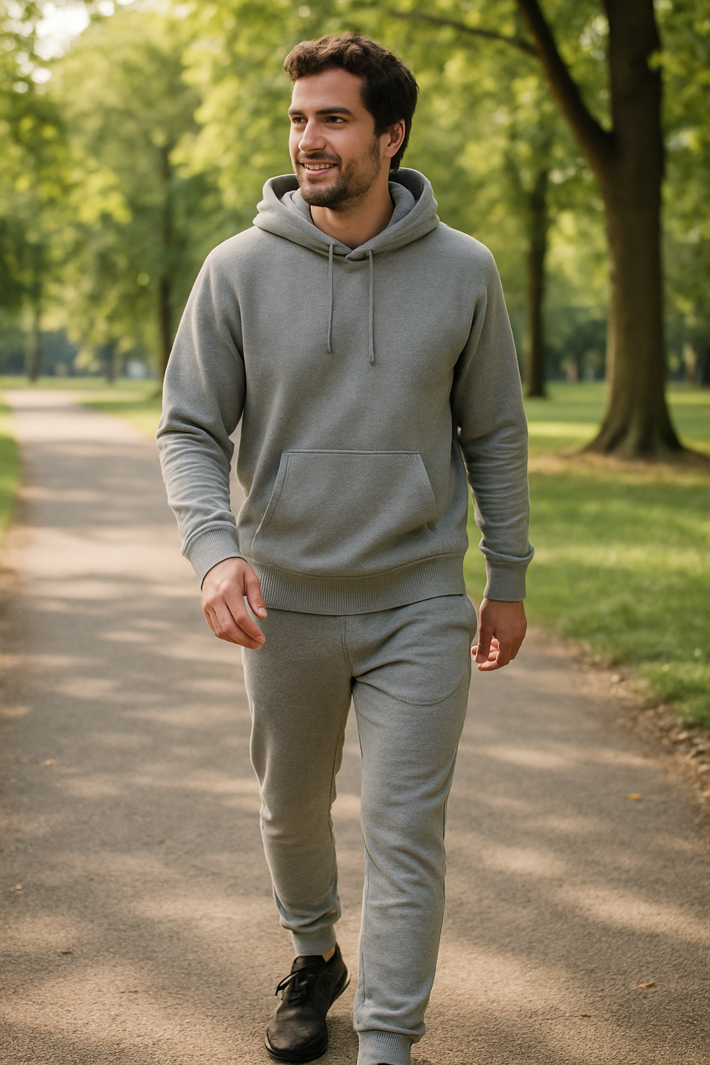 A man in a gray hoodie and joggers walking in a park.