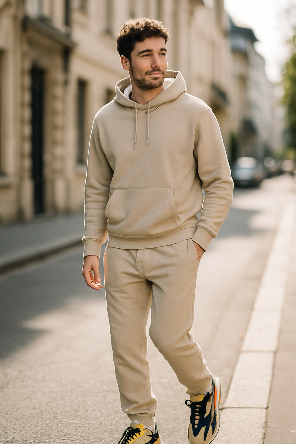 A man wearing beige sweatpants and a matching hoodie, walking on a street with colorful sneakers.