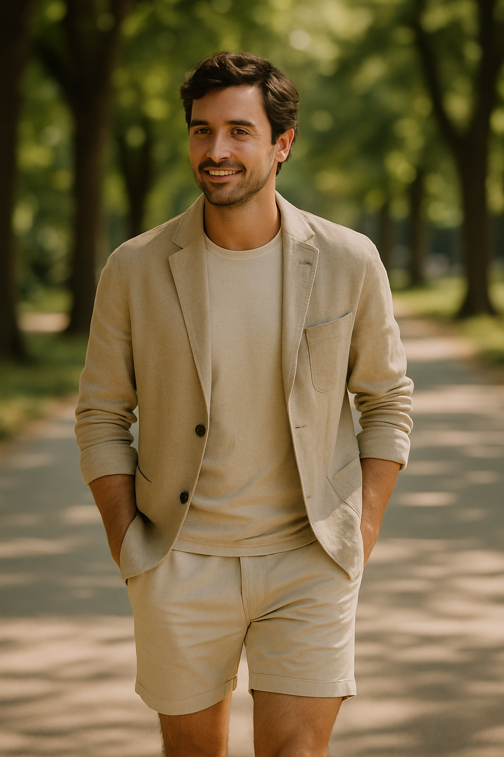 A man wearing light-colored athletic shorts, a casual blazer, and a t-shirt, smiling while walking in a park.