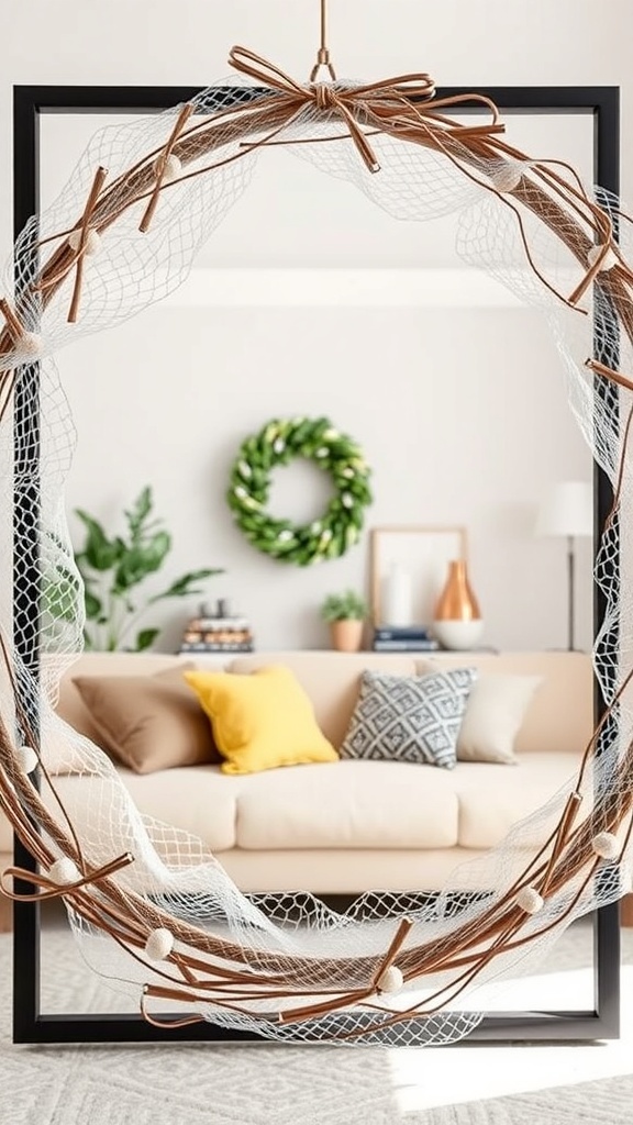 A curly deco mesh wreath being crafted on a frame, showcasing a cozy living room background.
