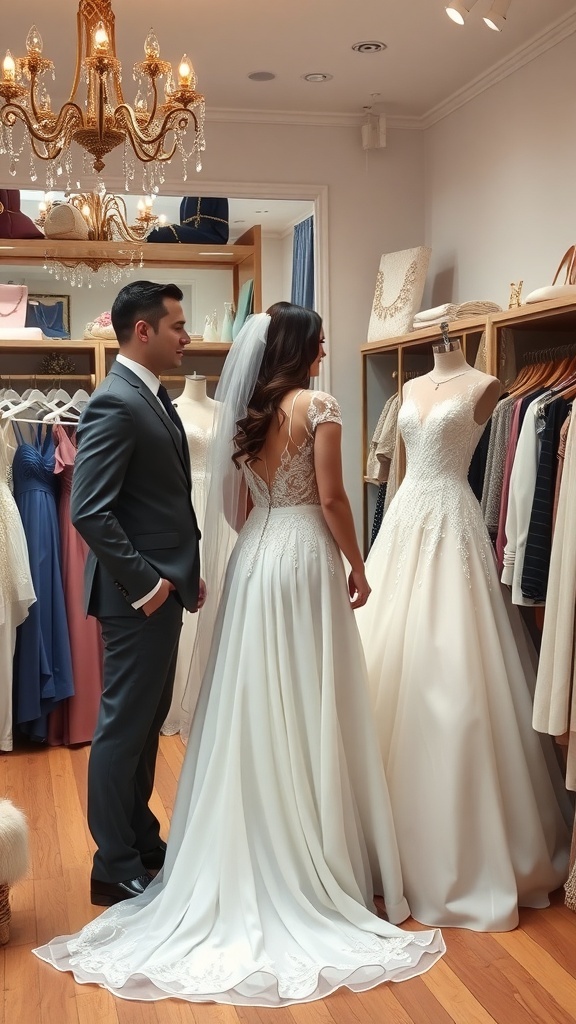 A couple shopping for wedding attire, with the bride looking at a wedding dress and the groom admiring her.