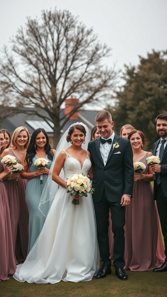 A bride stands in front of her wedding party smiling, surrounded by bridesmaids in colorful dresses and groomsmen in suits, captured outdoors.