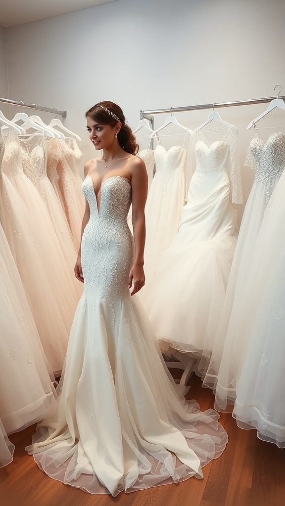A bride trying on a stunning wedding dress surrounded by elegant gowns on hangers.