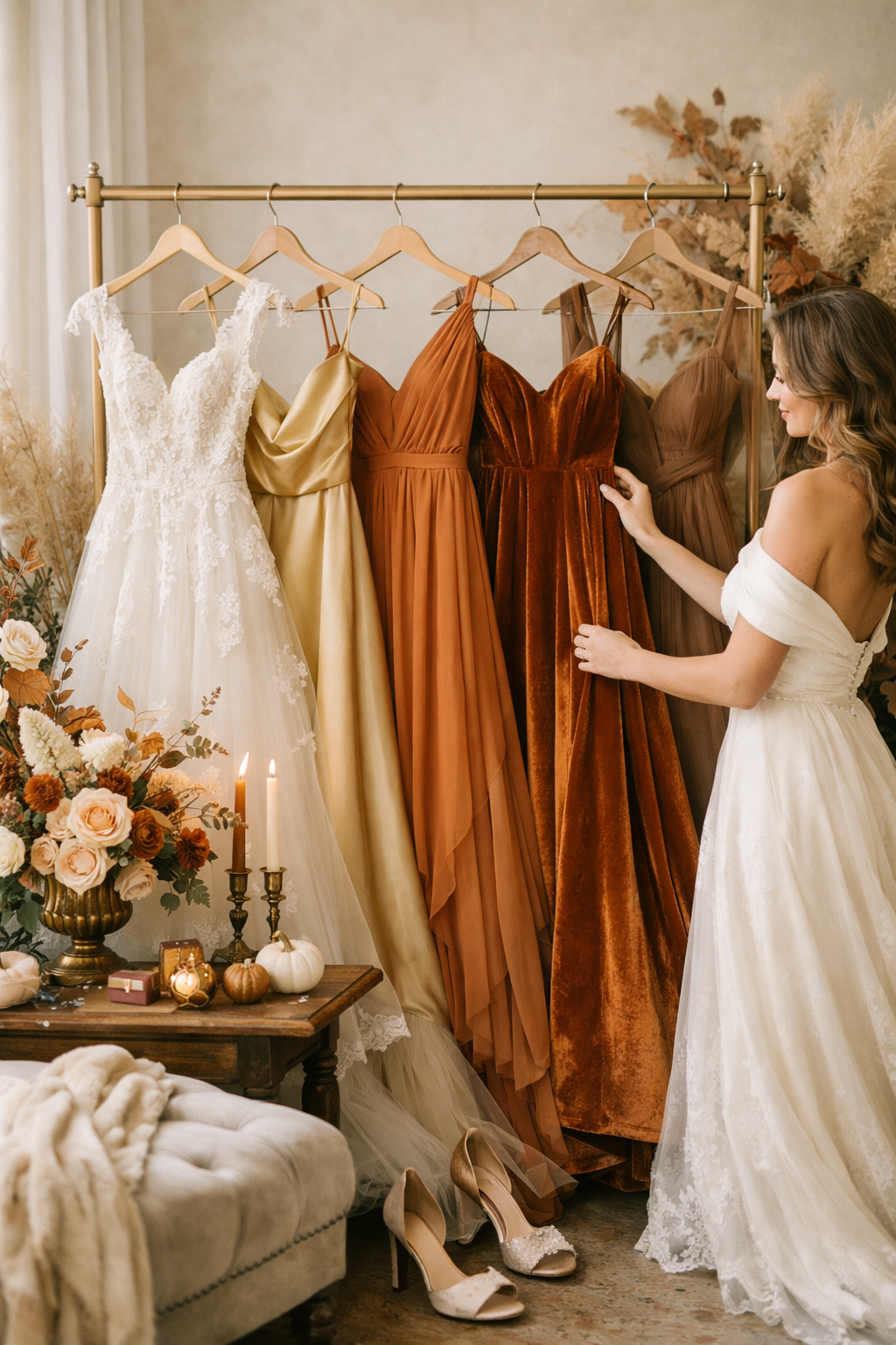 A collection of autumn-inspired dresses hanging on a rack, featuring warm colors like gold, orange, and brown.