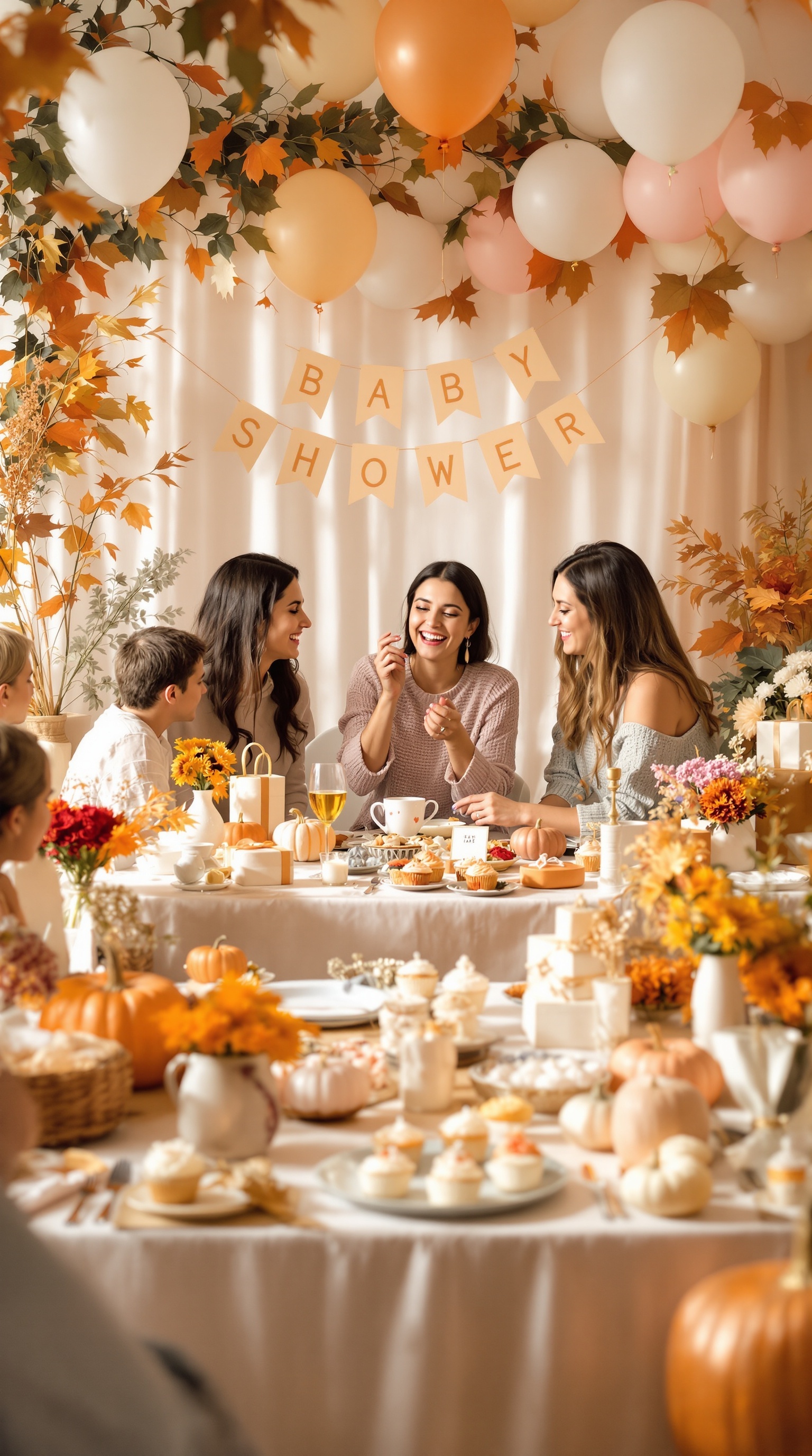 A cozy autumn-themed baby shower setup with balloons, pumpkins, and flowers.