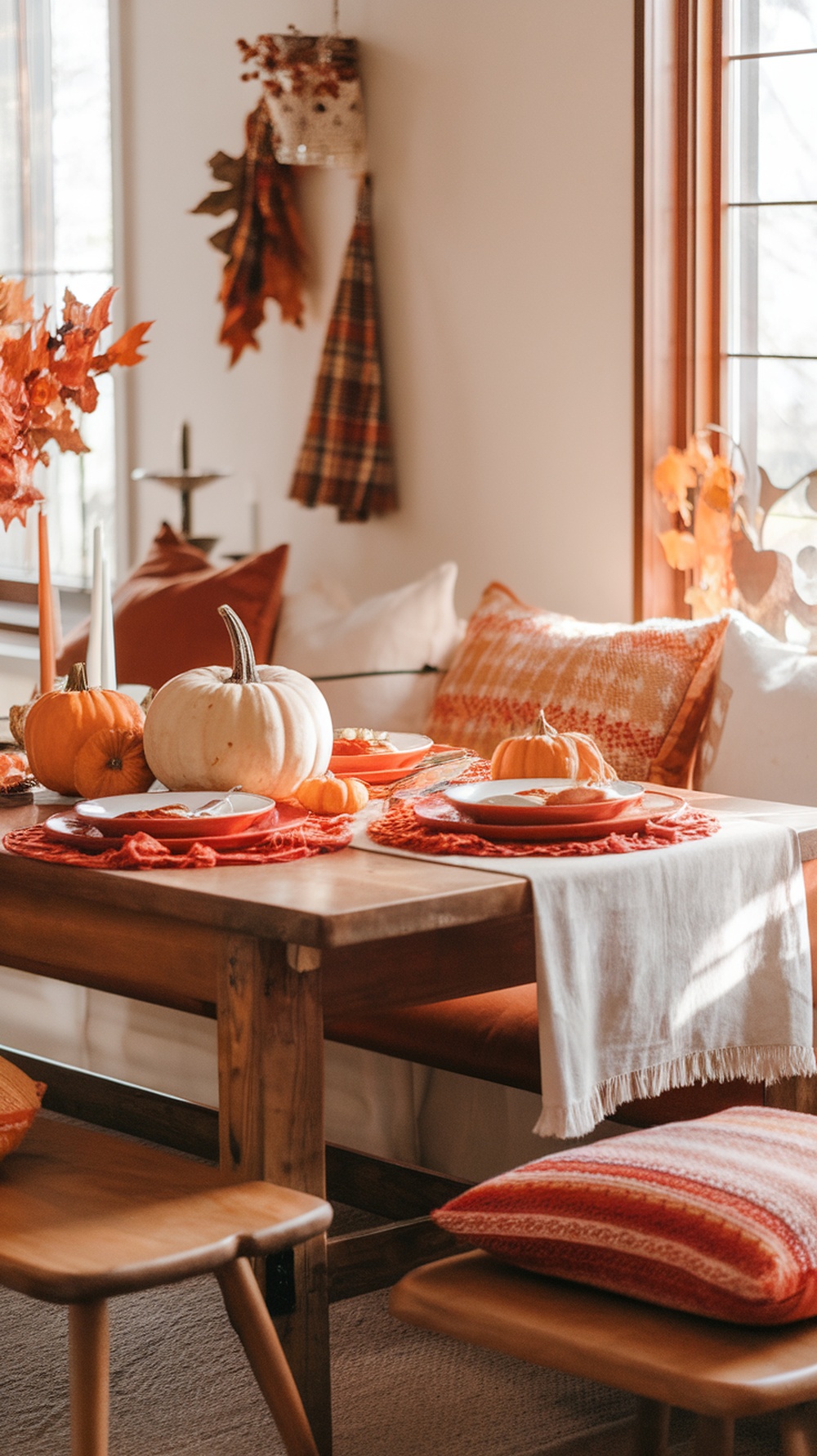 A cozy autumn-themed dining setup with pumpkins, warm colors, and textured textiles.