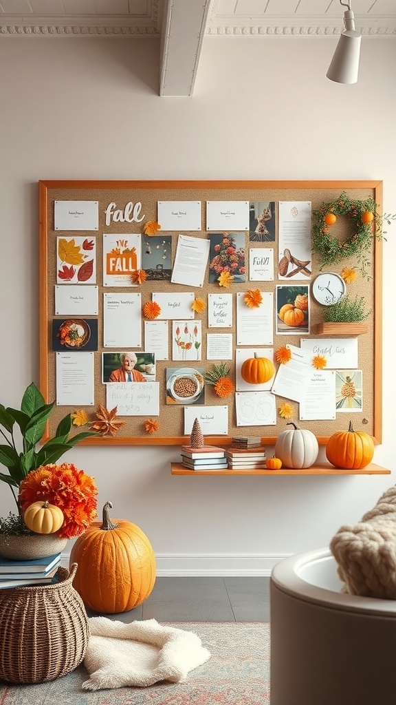 A bulletin board decorated with fall-themed items including leaves, pumpkins, and notes.