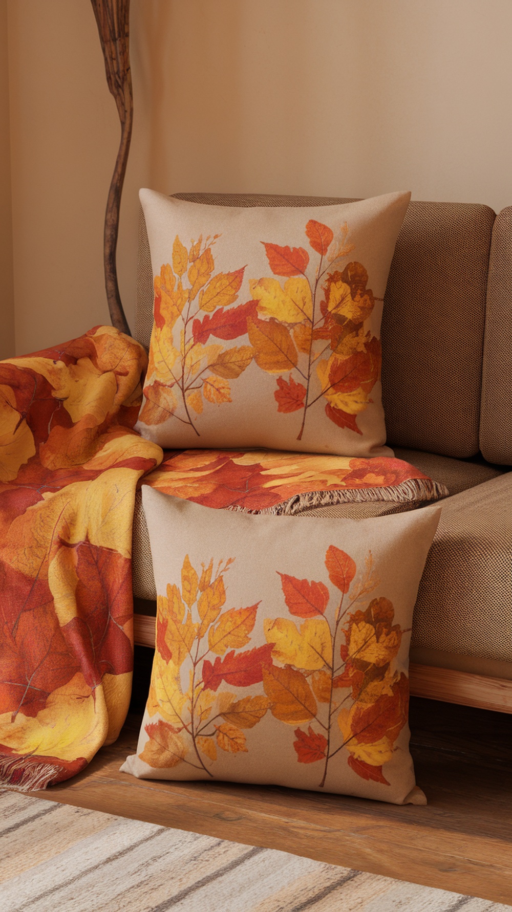Two autumn-themed cushion covers with leaf designs on a sofa, accompanied by a matching throw blanket.