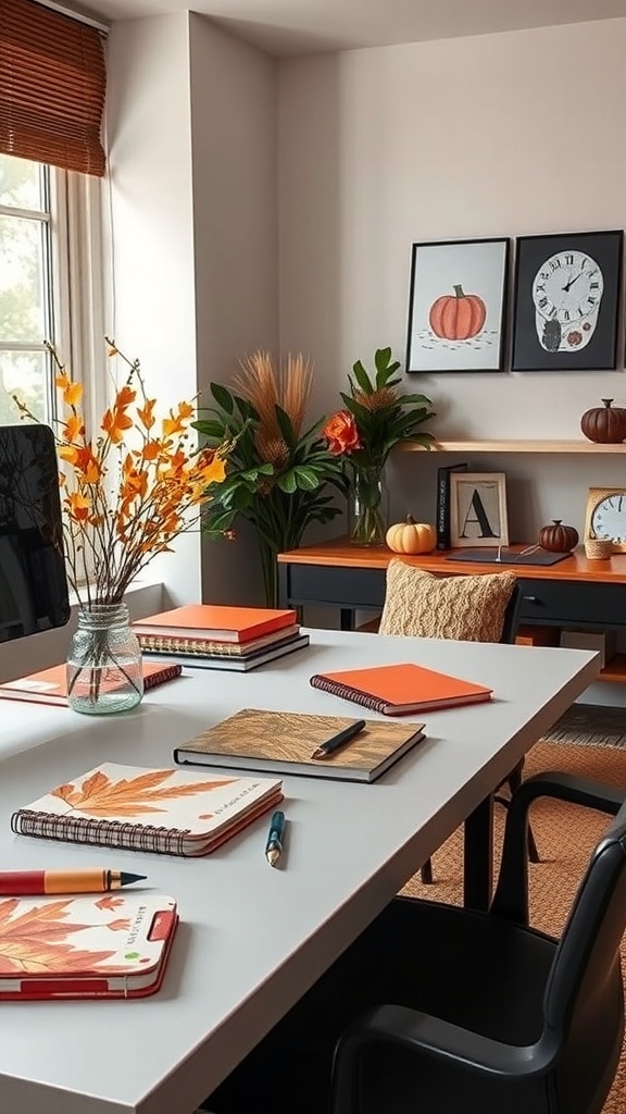 A cozy office space decorated for autumn with orange-themed notebooks, a vase of autumn leaves, and pumpkins.