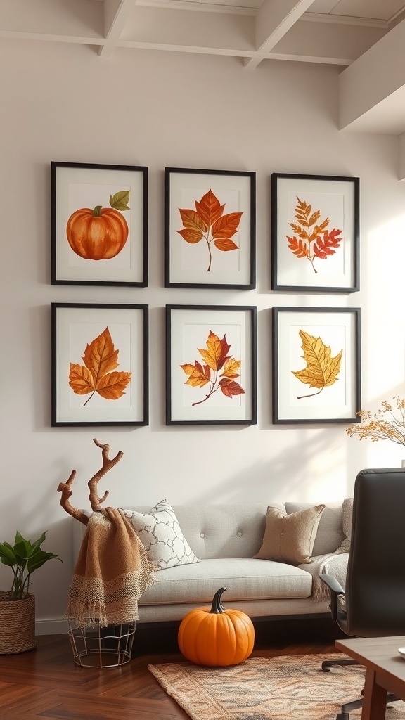 Autumn-themed wall art featuring pumpkins and leaves in a cozy office setting.