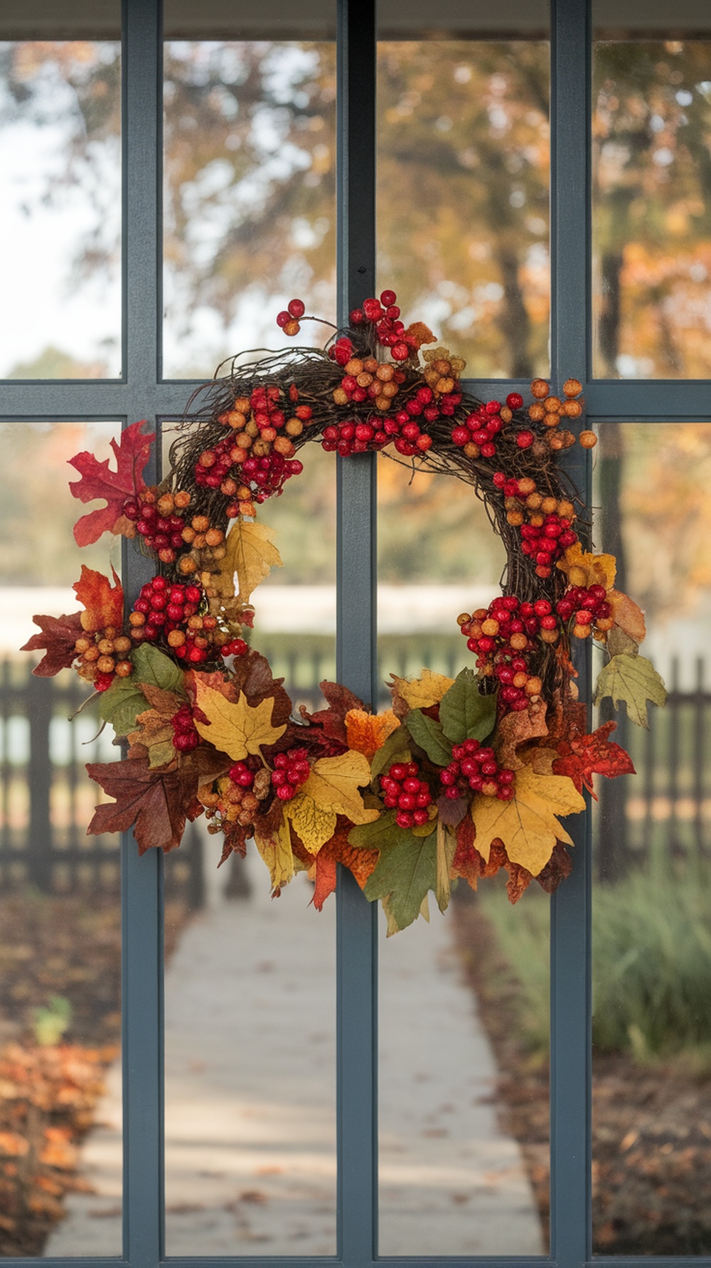 A colorful autumn wreath made of red berries and various leaves, hanging on a door.