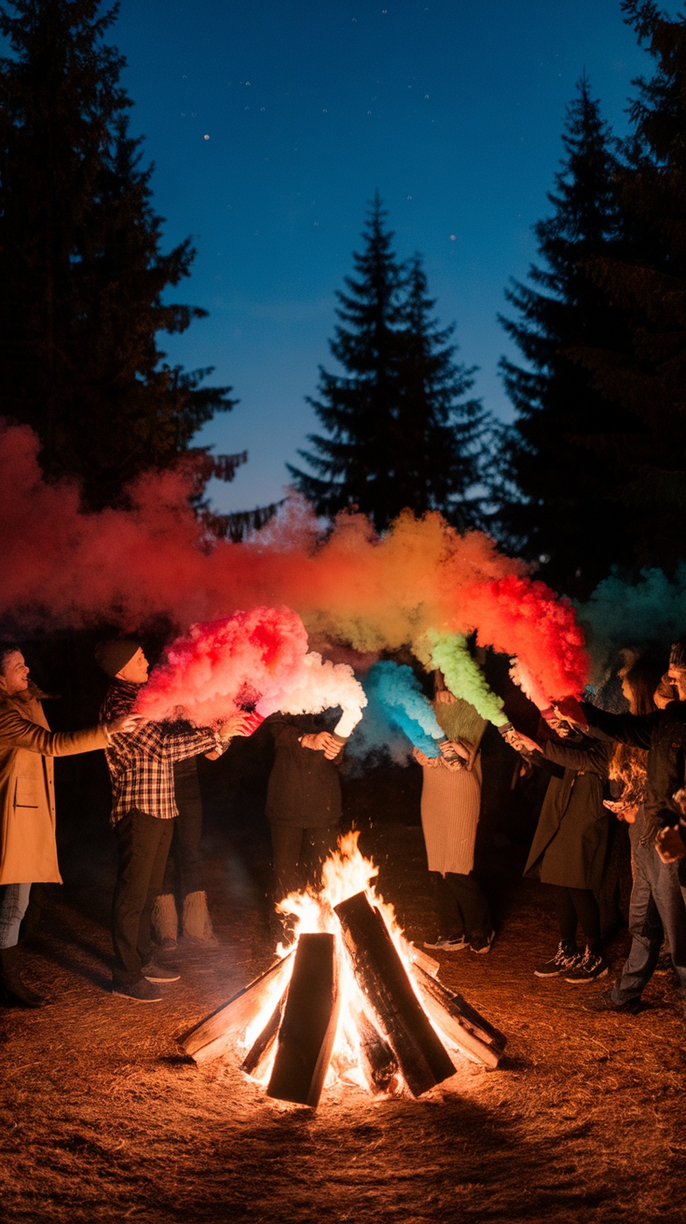 Group of people celebrating a gender reveal with colorful smoke bombs around a bonfire.