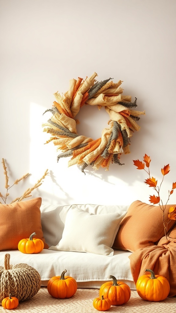 A cozy autumn rag wreath made of fabric strips in warm colors, displayed on a wall with pumpkins and cushions around.