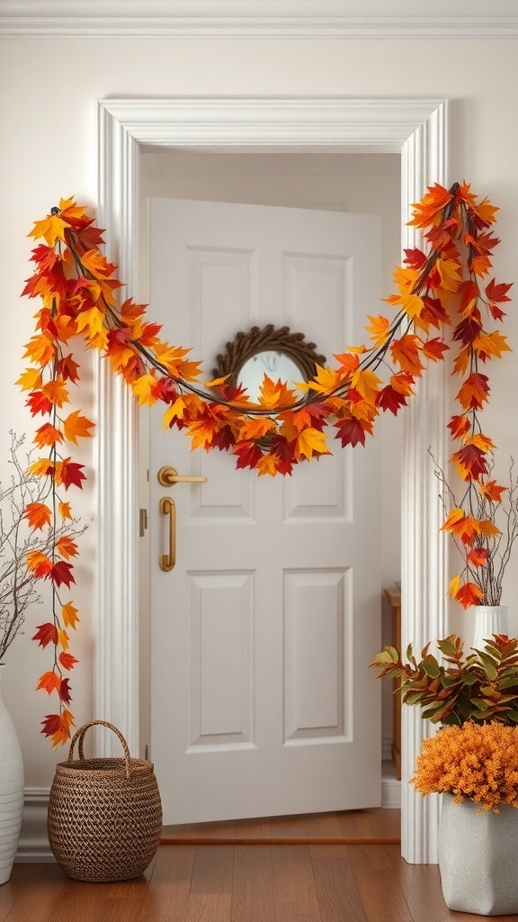 A beautiful autumn leaf garland hanging over a white door, adorned with vibrant red, orange, and yellow leaves.