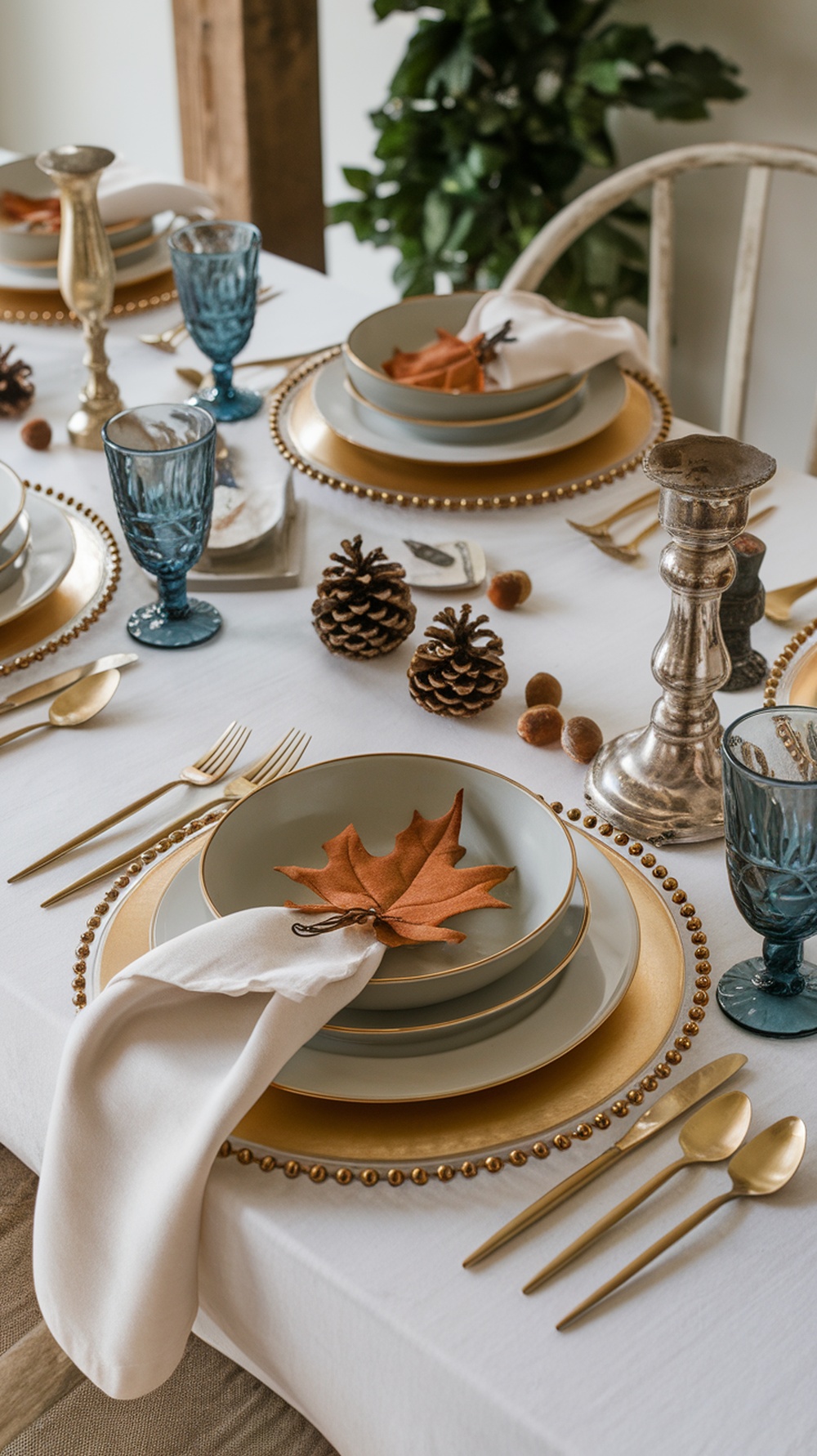 A beautifully set Thanksgiving table featuring an Autumn Leaf Napkin Fold with a decorative leaf on top.