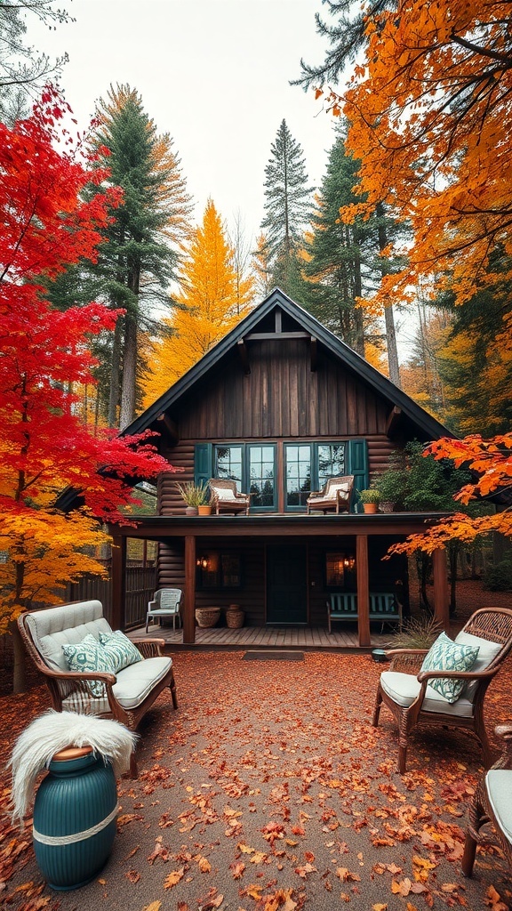 A cozy cabin surrounded by autumn foliage, featuring red and yellow leaves, with comfortable seating on the porch.