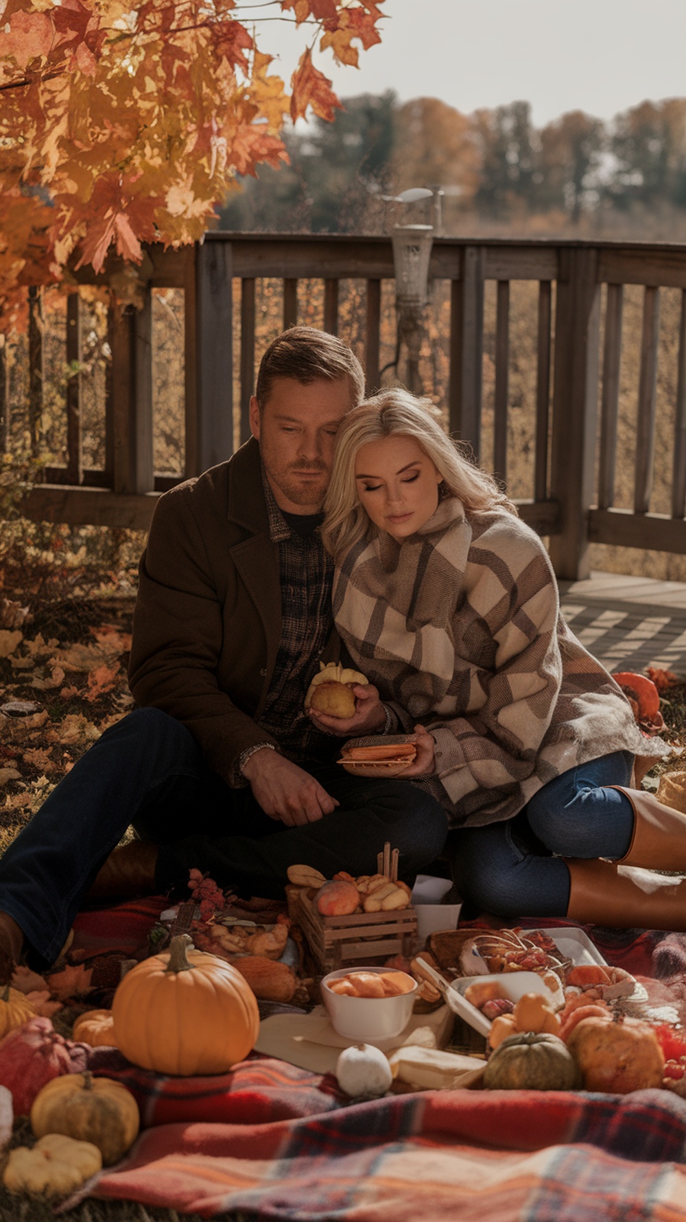 A couple enjoying a picnic in autumn with a cozy blanket and various food items, surrounded by vibrant fall foliage.