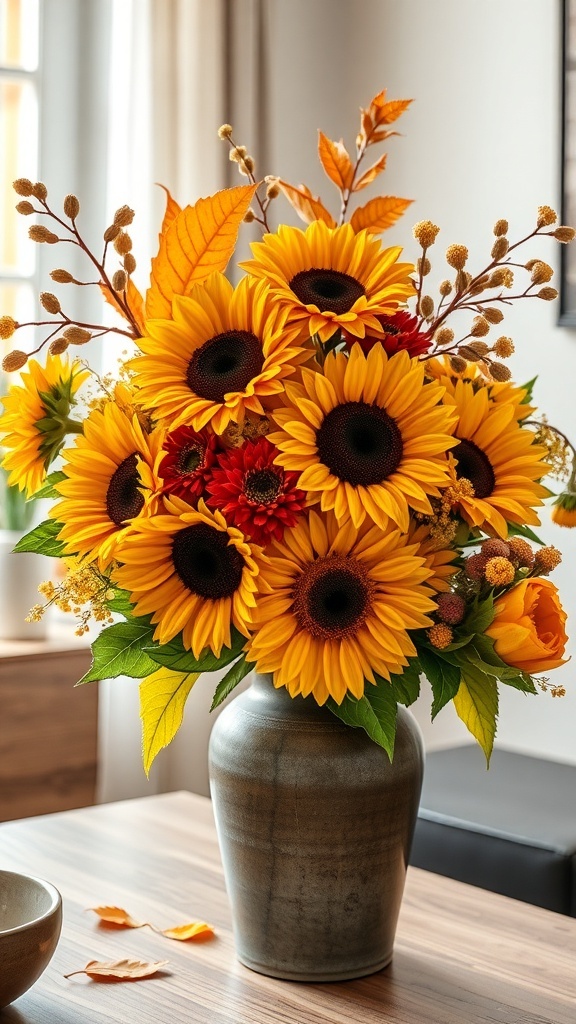 A vibrant autumn floral arrangement featuring sunflowers, chrysanthemums, and autumn leaves in a rustic vase.
