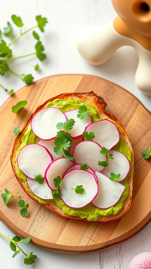 A slice of avocado toast topped with radish slices and microgreens on a wooden board.