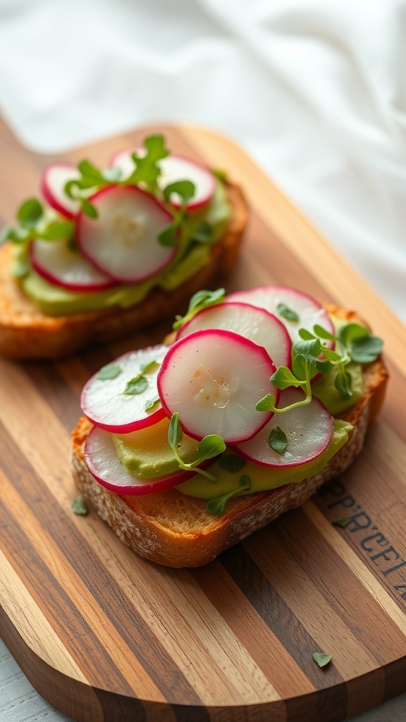 Avocado toast topped with radish slices and microgreens on a wooden serving board.
