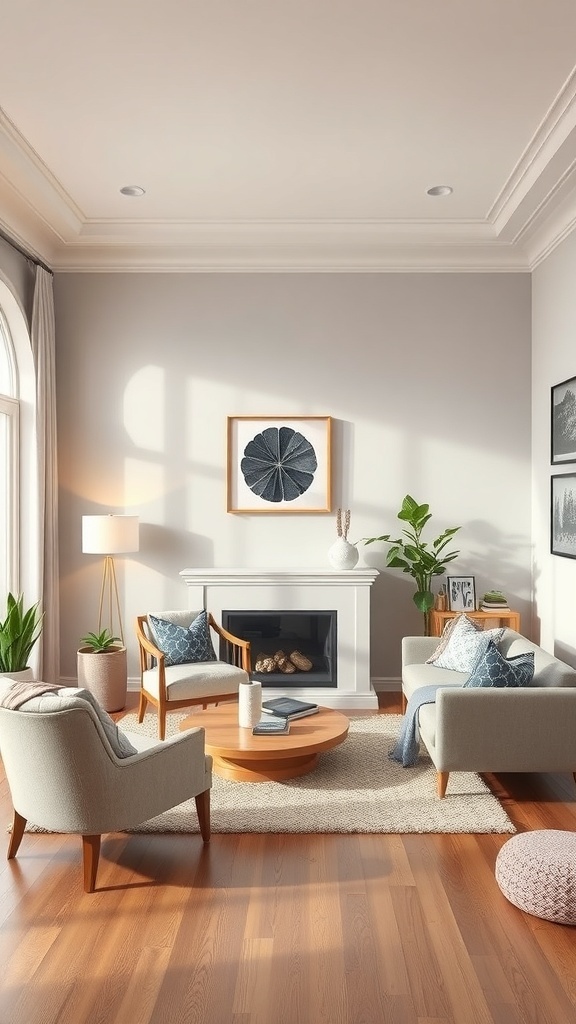 A stylish living room with a light-colored ceiling that matches the walls, featuring modern furniture and decor.