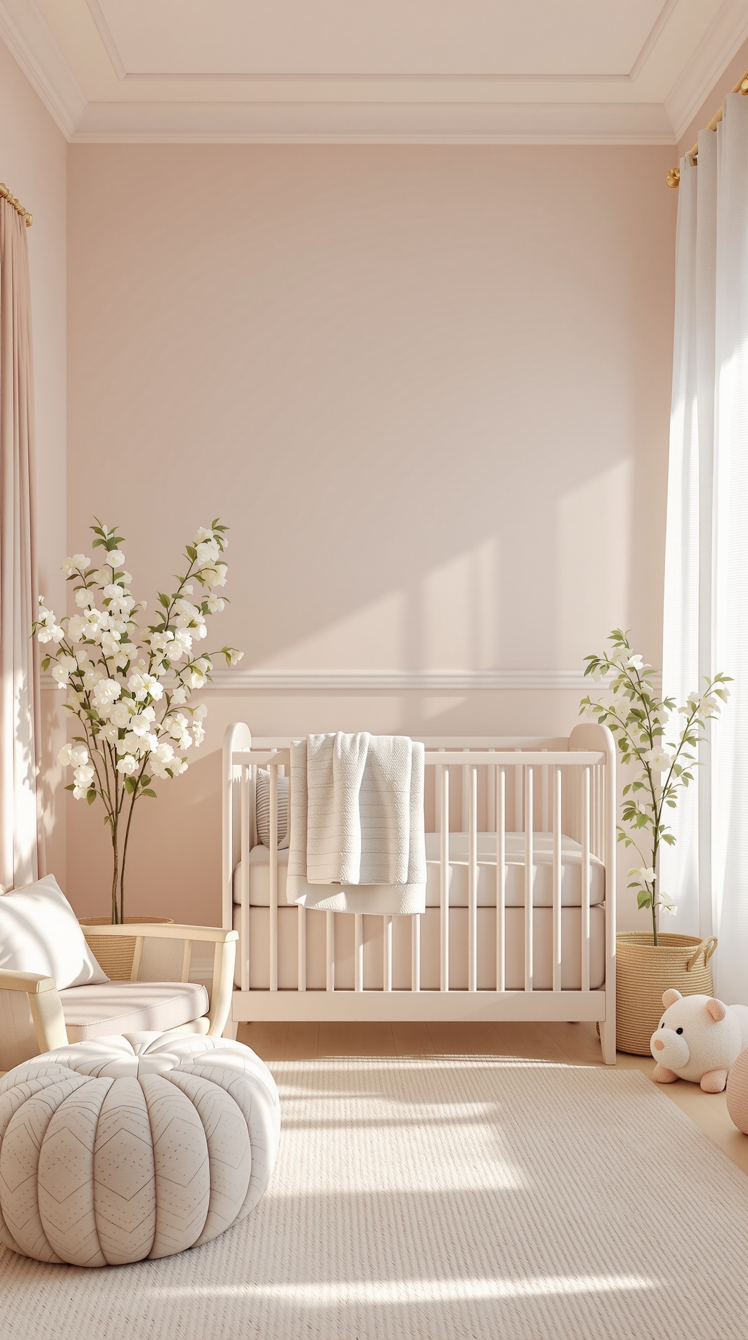 A serene baby room featuring light pink walls, a white crib, and soft furnishings.