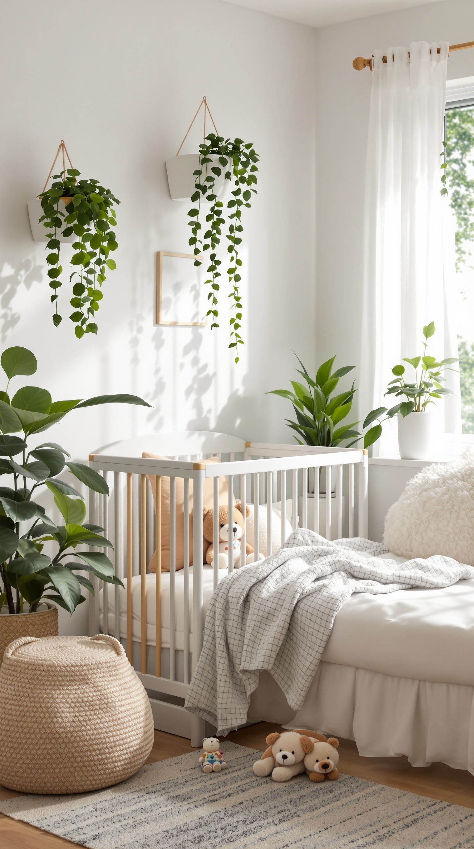 A modern baby room featuring a crib, soft toys, and various baby-friendly plants.