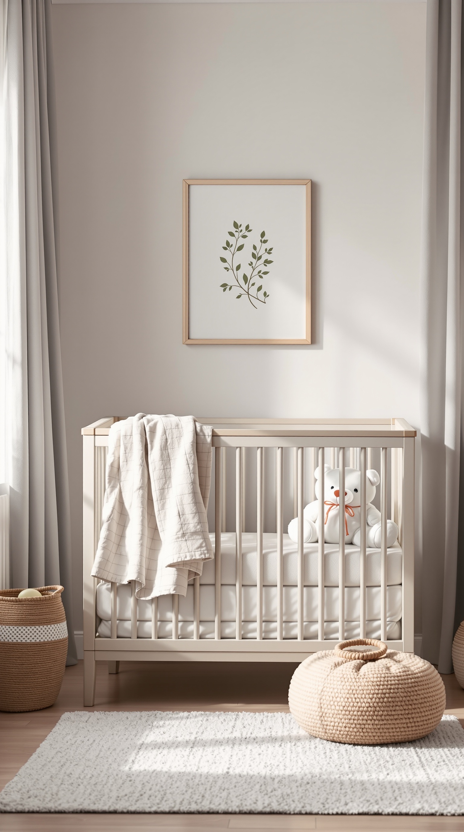 A serene unisex baby room featuring a crib with a blanket, a teddy bear, and soft textiles.
