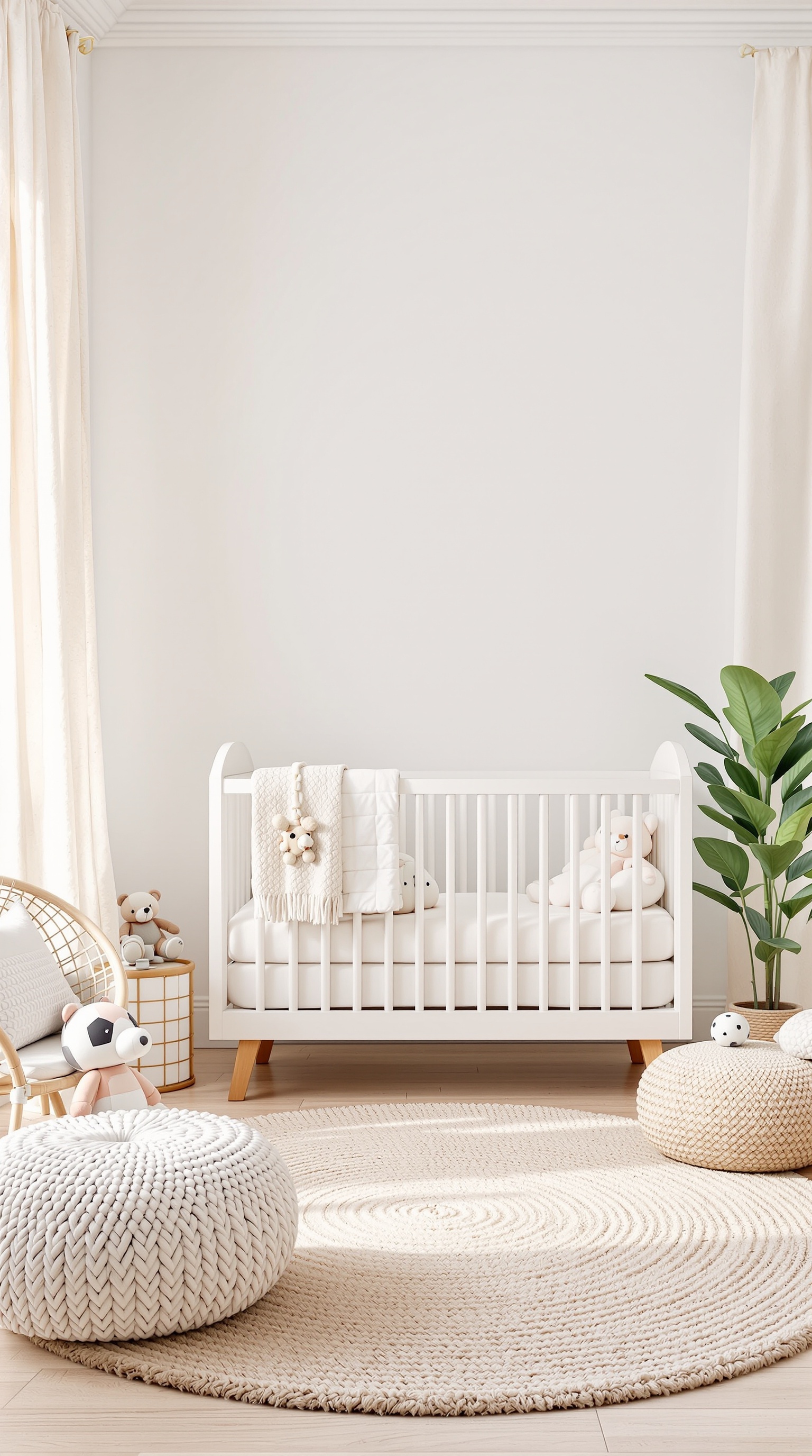 A neutral baby nursery featuring a white crib, soft textures, and playful decor.