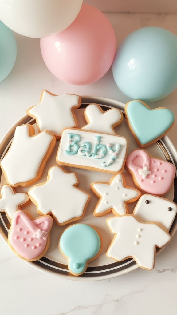 A plate of baby-themed cookies decorated in pastel colors, featuring shapes like baby clothes, stars, and hearts.