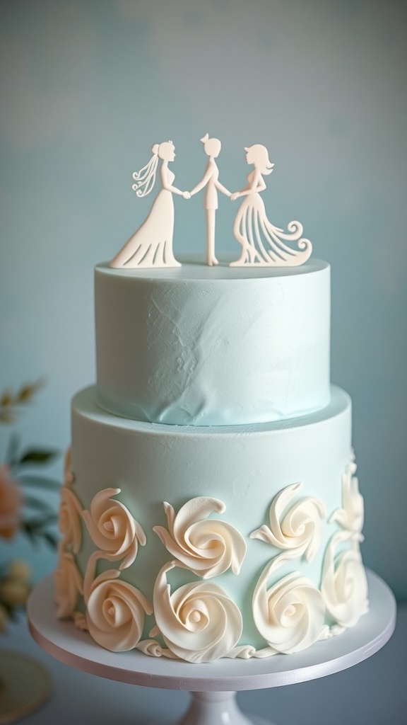 A beautifully decorated two-tiered baby blue bridal shower cake with white rose accents and a couple figurine topper.