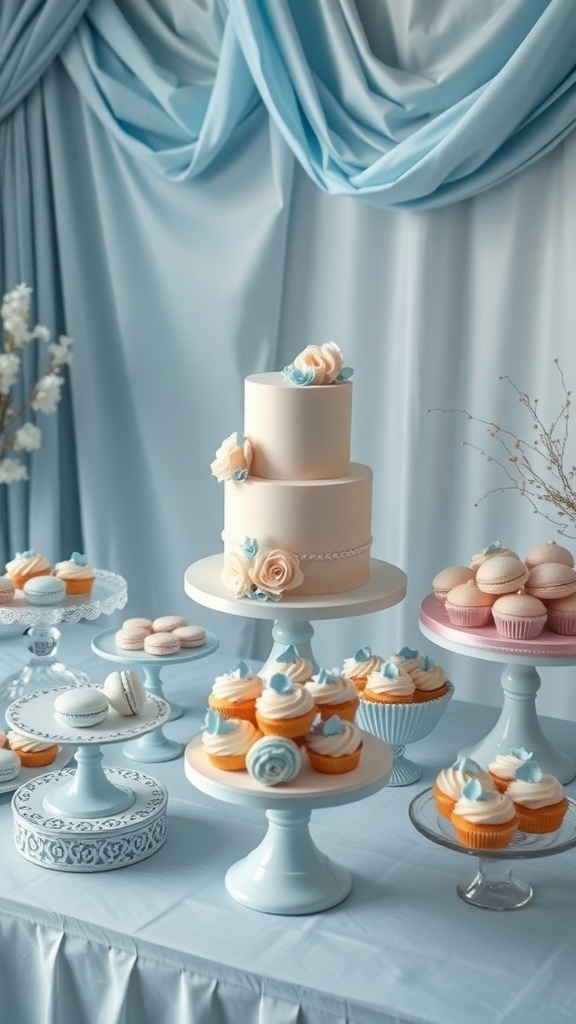 A beautifully arranged baby blue dessert table featuring a two-tier cake, cupcakes, and macarons.