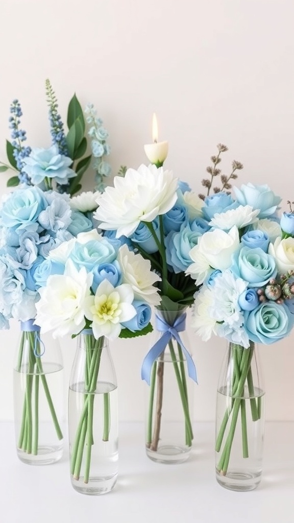 Beautiful baby blue and white floral arrangements in glass vases, suitable for a bridal shower.