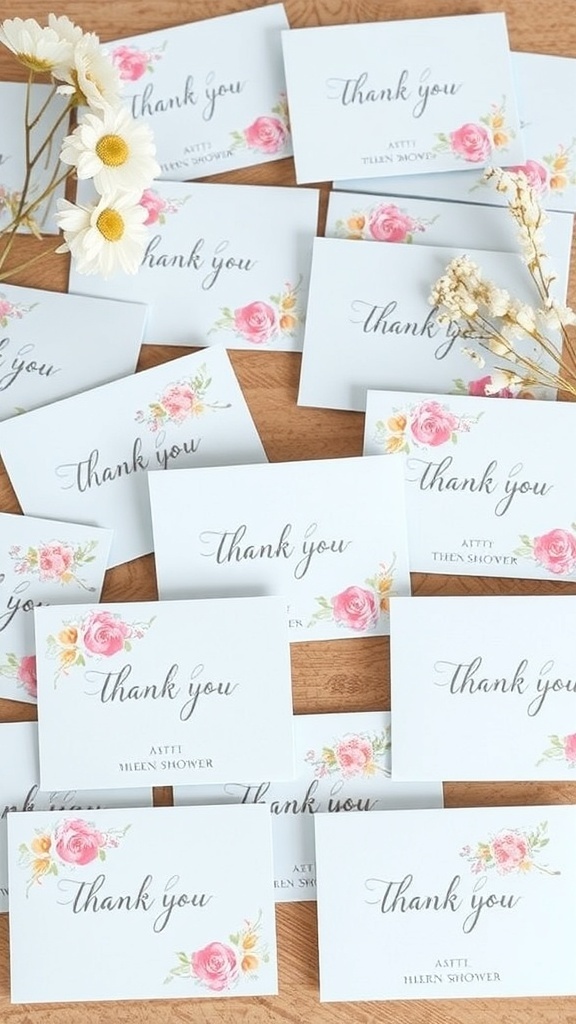 A collection of baby blue thank you cards with floral designs