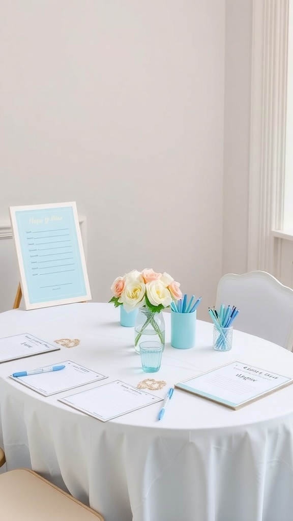 A table set up for bridal shower games with baby blue decor and flowers