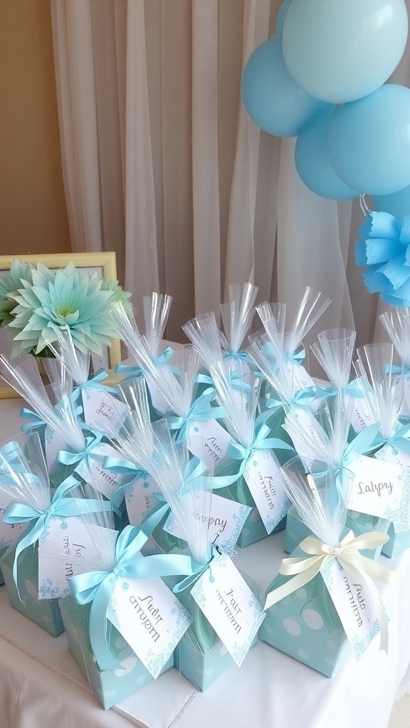 Baby blue bridal shower favor boxes with ribbons and personalized tags.
