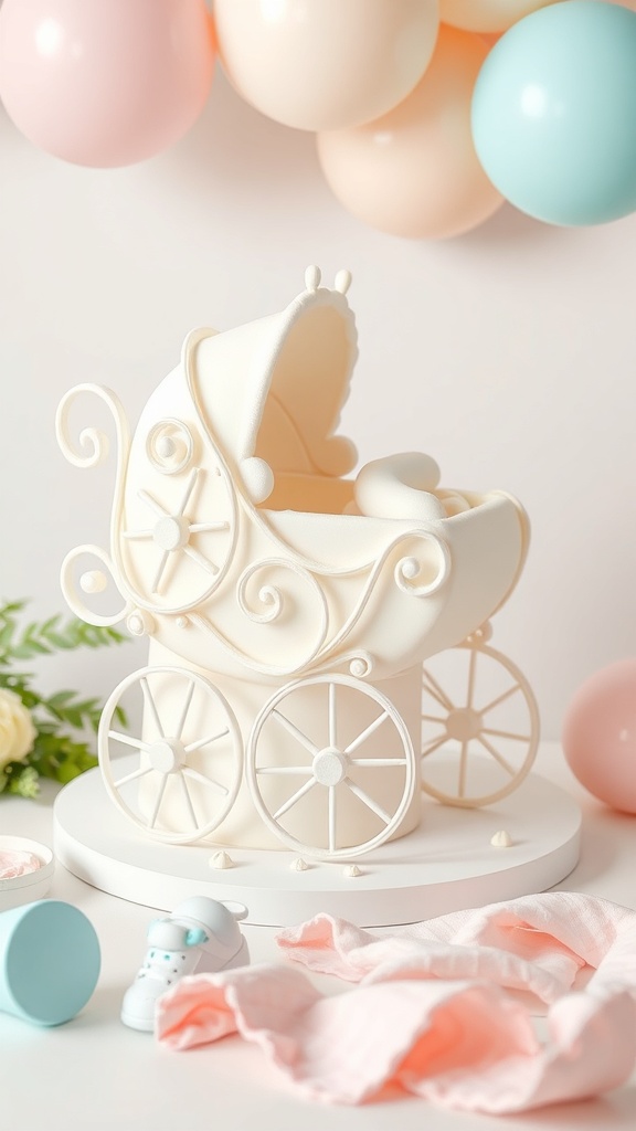 A beautifully crafted baby carriage cake in white, surrounded by pastel balloons and baby items.