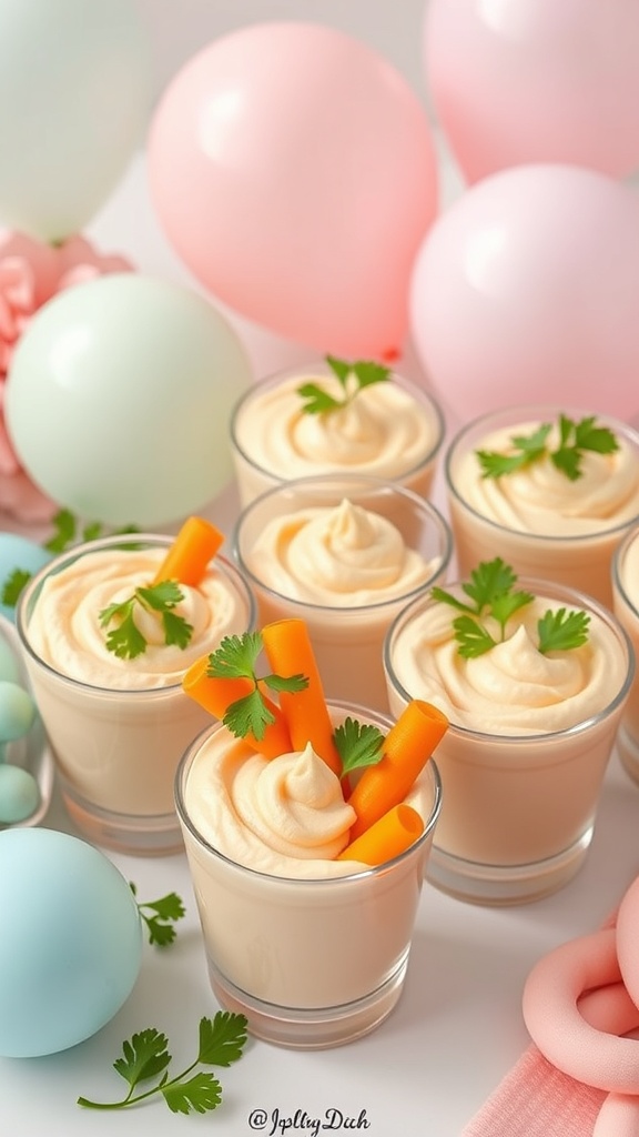 Colorful baby carrot and hummus cups with balloons in the background