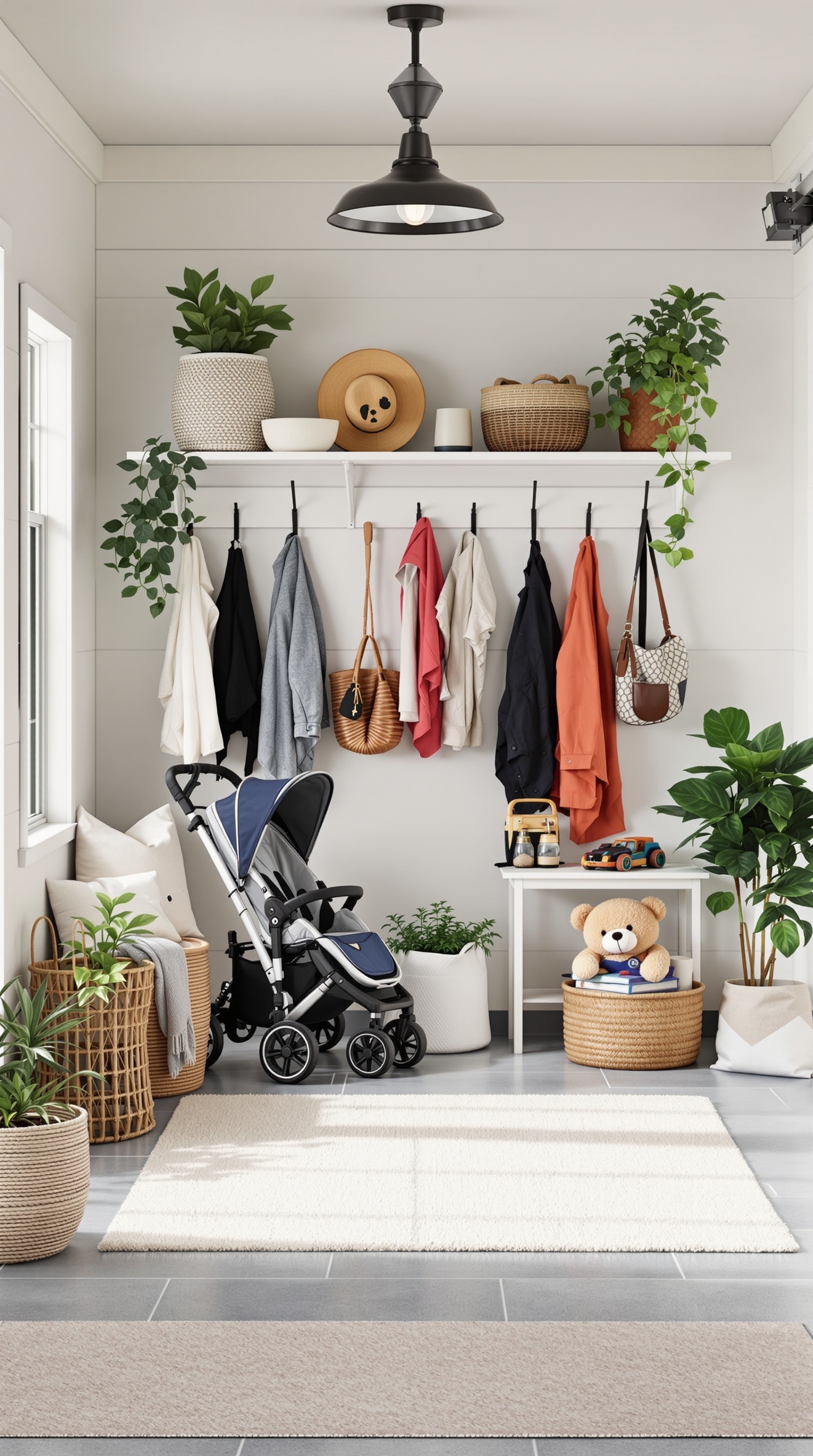 A well-organized baby gear storage area featuring a stroller, hooks for clothing, and decorative plants.