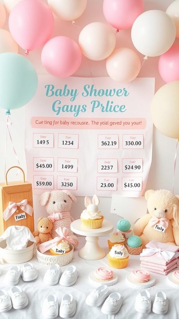 Colorful baby shower setup with balloons, baby items, and a price chart for the game.