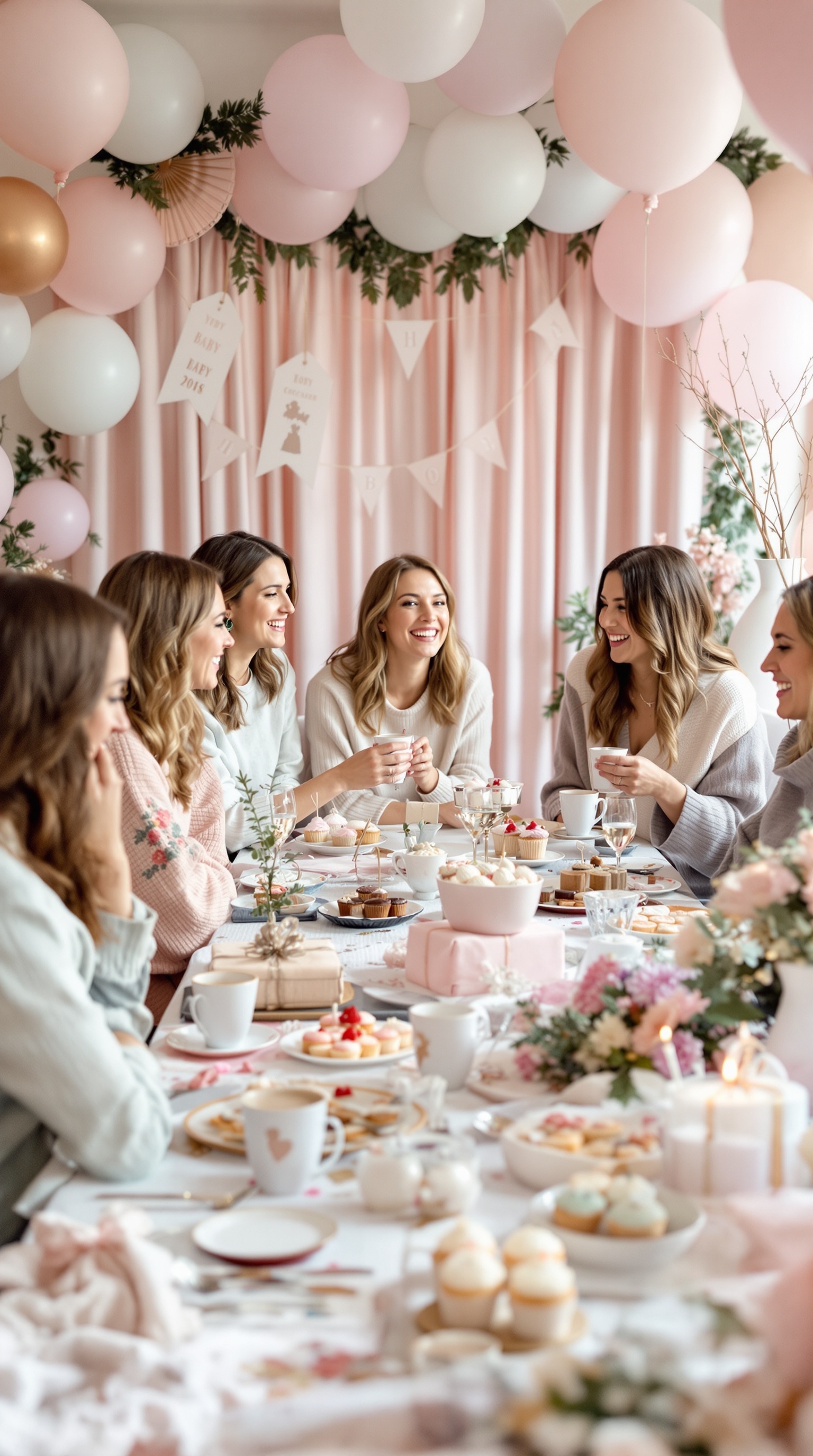 A cozy winter baby shower with friends enjoying treats around a beautifully decorated table.